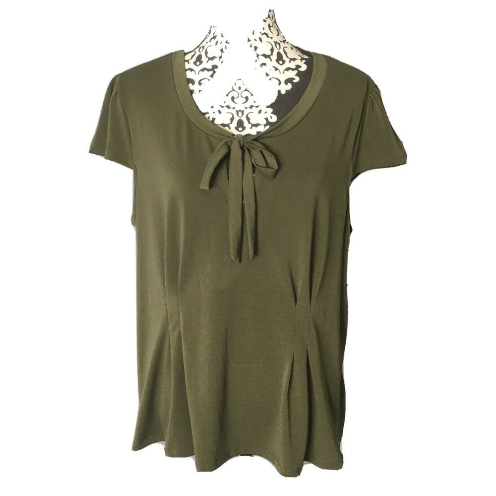 Modcloth XL Olive Green Short Sleeve Bow Pleated B